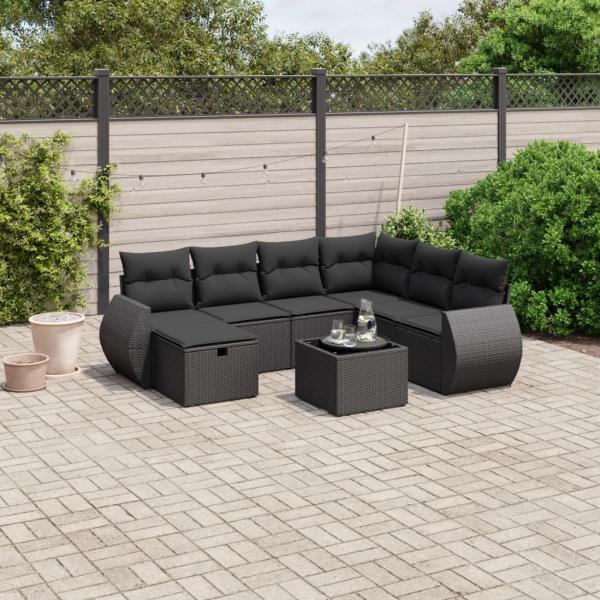 ARDEBO.de - 8-tlg. Garten-Sofagarnitur mit Kissen Schwarz Poly Rattan