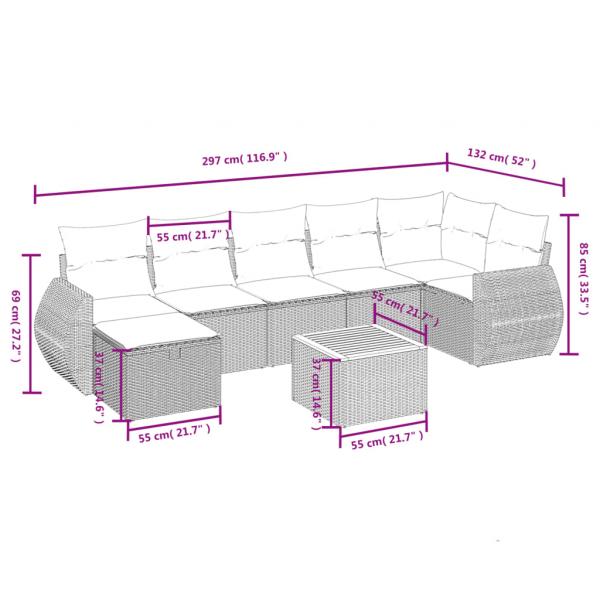 8-tlg. Garten-Sofagarnitur mit Kissen Grau Poly Rattan