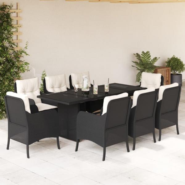 ARDEBO.de - 9-tlg. Garten-Essgruppe mit Kissen Schwarz Poly Rattan