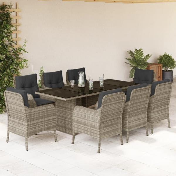 ARDEBO.de - 9-tlg. Garten-Essgruppe mit Kissen Hellgrau Poly Rattan