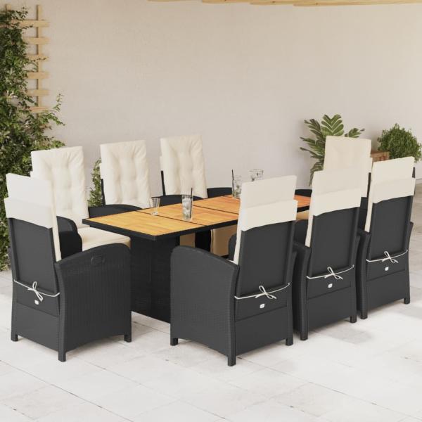 ARDEBO.de - 9-tlg. Garten-Essgruppe mit Kissen Schwarz Poly Rattan