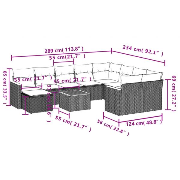 11-tlg. Garten-Sofagarnitur mit Kissen Schwarz Poly Rattan