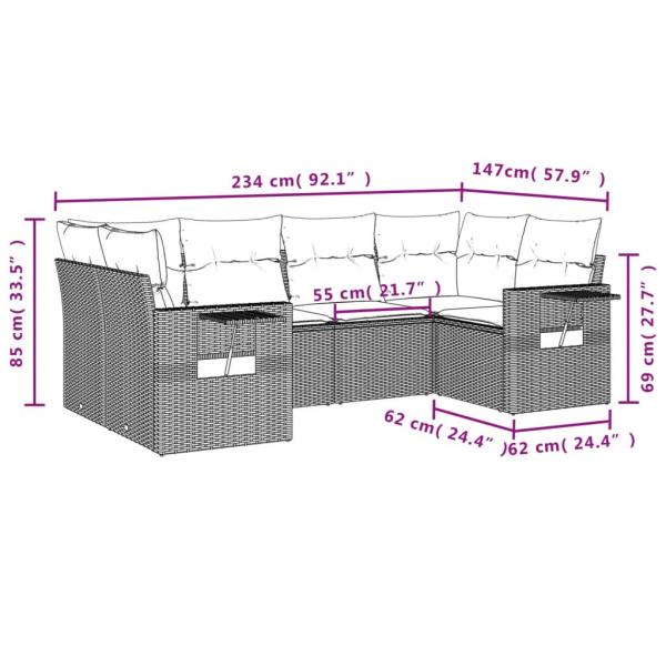 6-tlg. Garten-Sofagarnitur mit Kissen Braun Poly Rattan