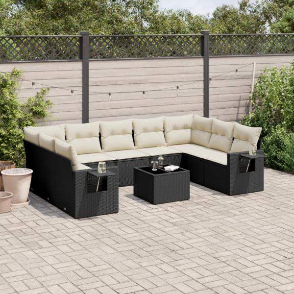 ARDEBO.de - 10-tlg. Garten-Sofagarnitur mit Kissen Schwarz Poly Rattan