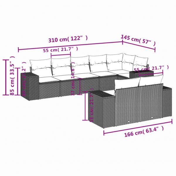 8-tlg. Garten-Sofagarnitur mit Kissen Schwarz Poly Rattan