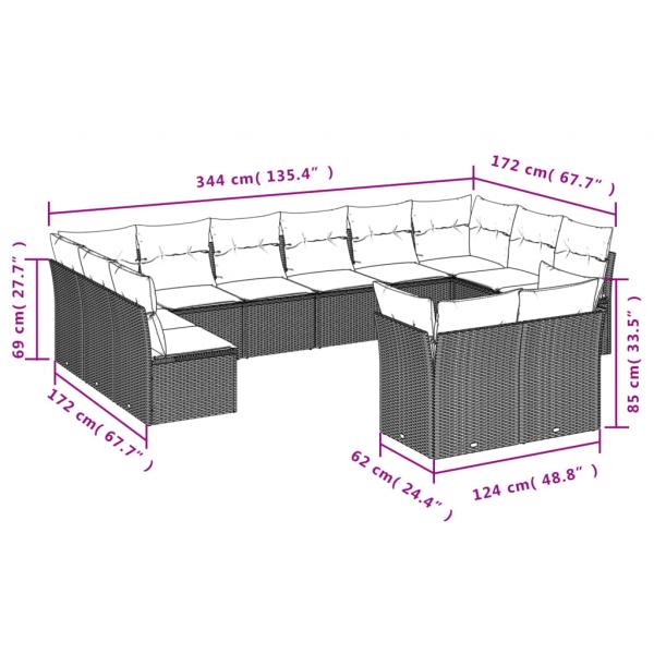 12-tlg. Garten-Sofagarnitur mit Kissen Braun Poly Rattan