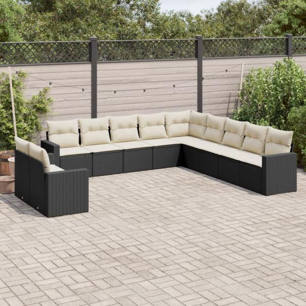 ARDEBO.de - 11-tlg. Garten-Sofagarnitur mit Kissen Schwarz Poly Rattan