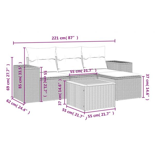 5-tlg. Garten-Sofagarnitur mit Kissen Schwarz Poly Rattan