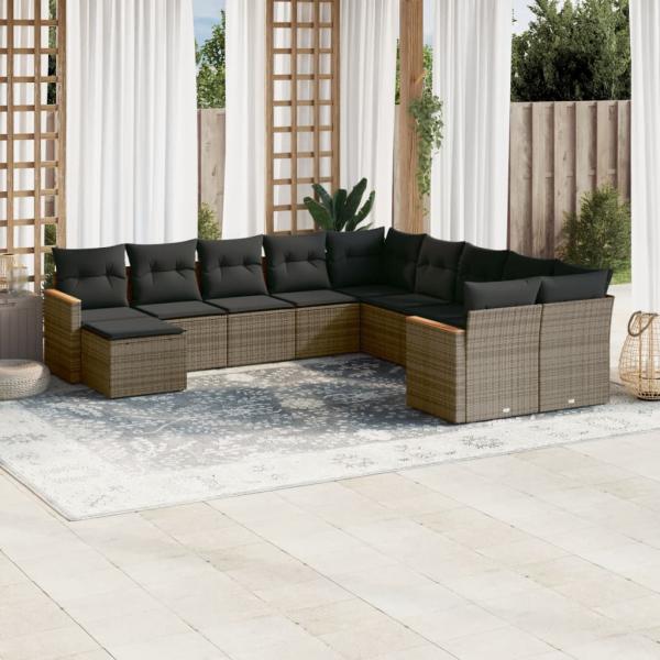 ARDEBO.de - 11-tlg. Garten-Sofagarnitur mit Kissen Grau Poly Rattan