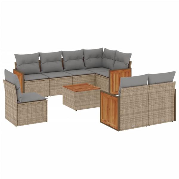 9-tlg. Garten-Sofagarnitur mit Kissen Beige Poly Rattan