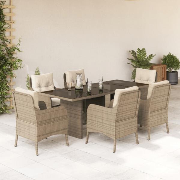 ARDEBO.de - 7-tlg. Garten-Essgruppe mit Kissen Beige Poly Rattan