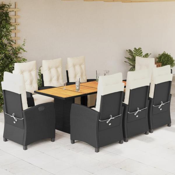 ARDEBO.de - 9-tlg. Garten-Essgruppe mit Kissen Schwarz Poly Rattan