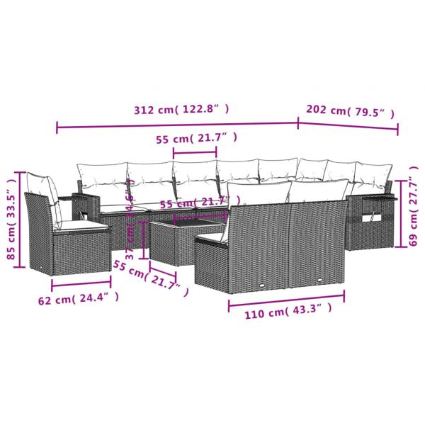 11-tlg. Garten-Sofagarnitur mit Kissen Schwarz Poly Rattan