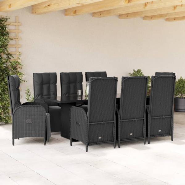 ARDEBO.de - 9-tlg. Garten-Essgruppe mit Kissen Schwarz Poly Rattan