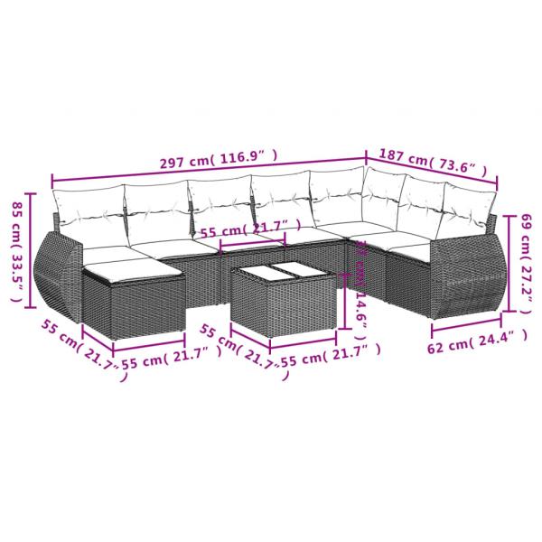 8-tlg. Garten-Sofagarnitur mit Kissen Schwarz Poly Rattan