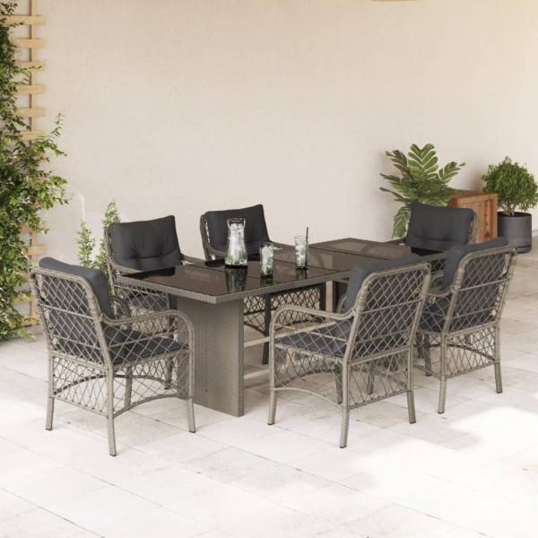 ARDEBO.de - 7-tlg. Garten-Essgruppe mit Kissen Hellgrau Poly Rattan