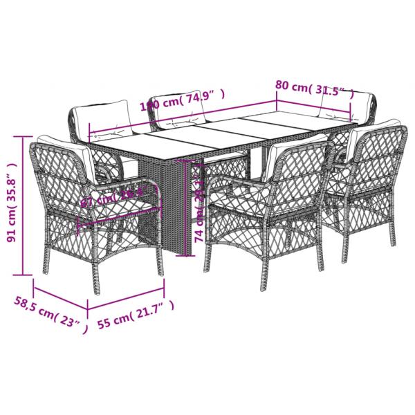 7-tlg. Garten-Essgruppe mit Kissen Hellgrau Poly Rattan