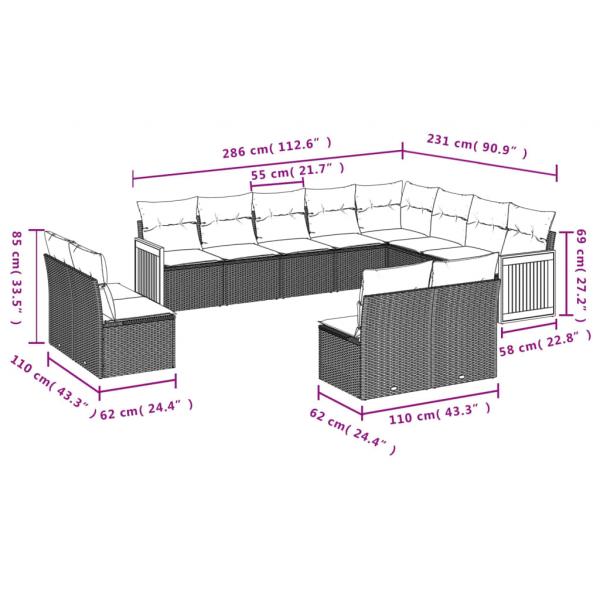 12-tlg. Garten-Sofagarnitur mit Kissen Schwarz Poly Rattan