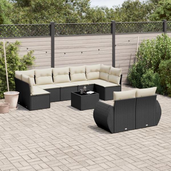 ARDEBO.de - 10-tlg. Garten-Sofagarnitur mit Kissen Schwarz Poly Rattan