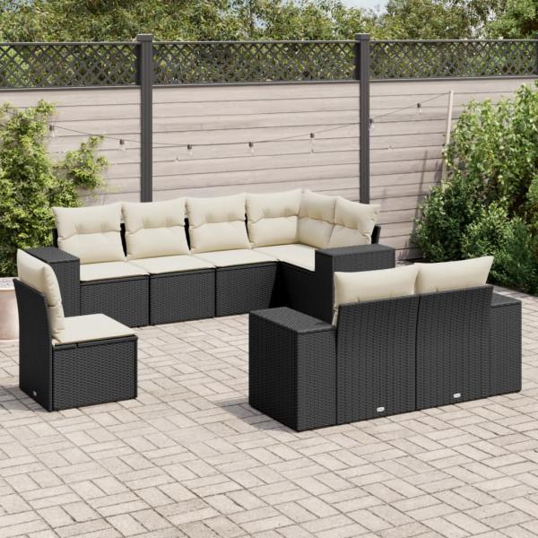 ARDEBO.de - 8-tlg. Garten-Sofagarnitur mit Kissen Schwarz Poly Rattan