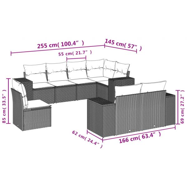 8-tlg. Garten-Sofagarnitur mit Kissen Schwarz Poly Rattan