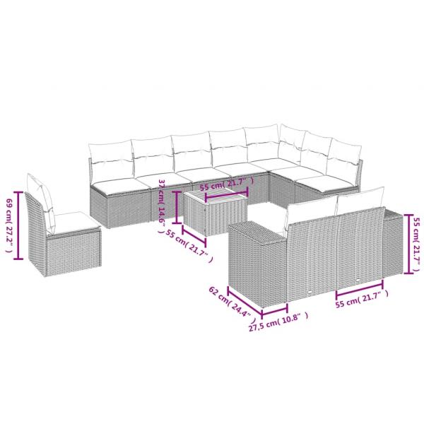 11-tlg. Garten-Sofagarnitur mit Kissen Schwarz Poly Rattan