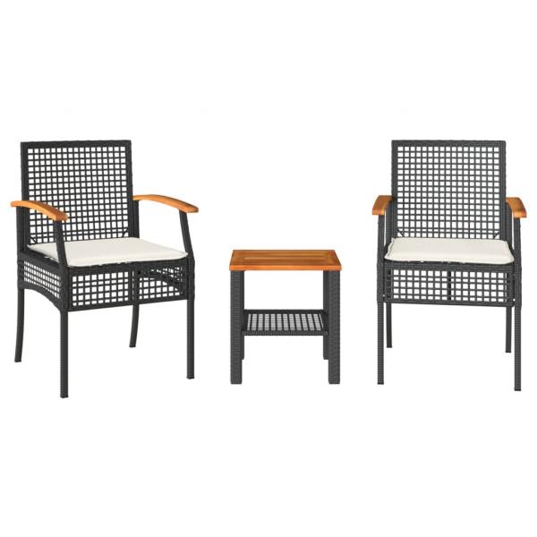 ARDEBO.de - 3-tlg. Bistro-Set mit Kissen Schwarz Poly Rattan Akazienholz