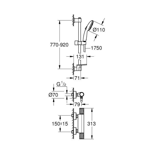 ARDEBO.de GROHE Precision Feel Thermostat Brausebatterie, Quickfix, 1/2", 3 Strahlarten, chrom (34853001)