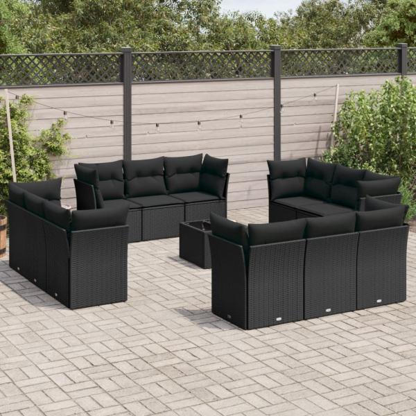 ARDEBO.de - 13-tlg. Garten-Sofagarnitur mit Kissen Schwarz Poly Rattan