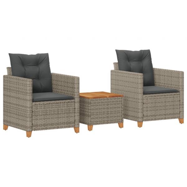 3-tlg. Bistro-Set mit Kissen Grau Poly Rattan Akazienholz