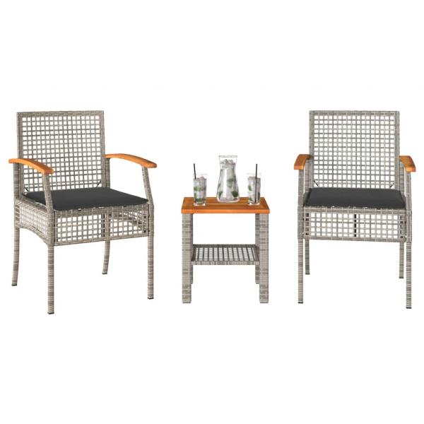 ARDEBO.de - 3-tlg. Bistro-Set mit Kissen Grau Poly Rattan Akazienholz