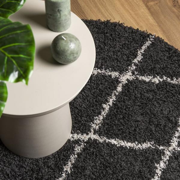 Teppich Shaggy Hochflor Modern Schwarz und Creme Ø 160 cm