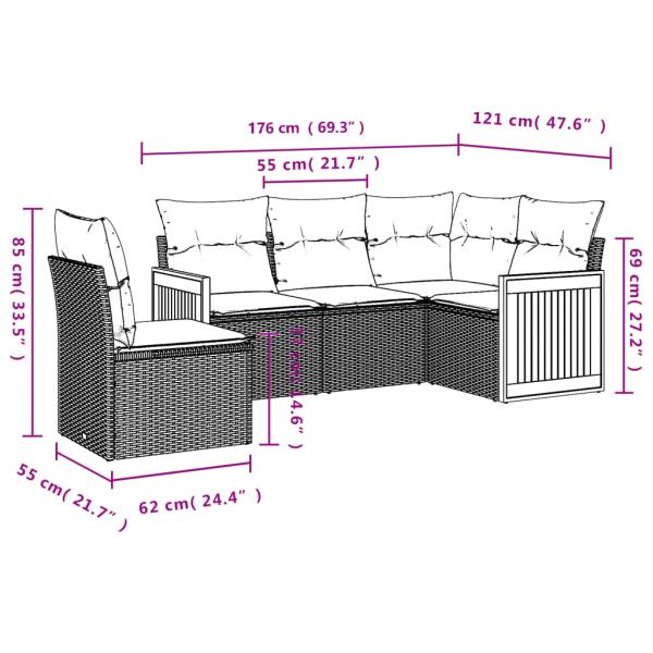 5-tlg. Garten-Sofagarnitur mit Kissen Grau Poly Rattan