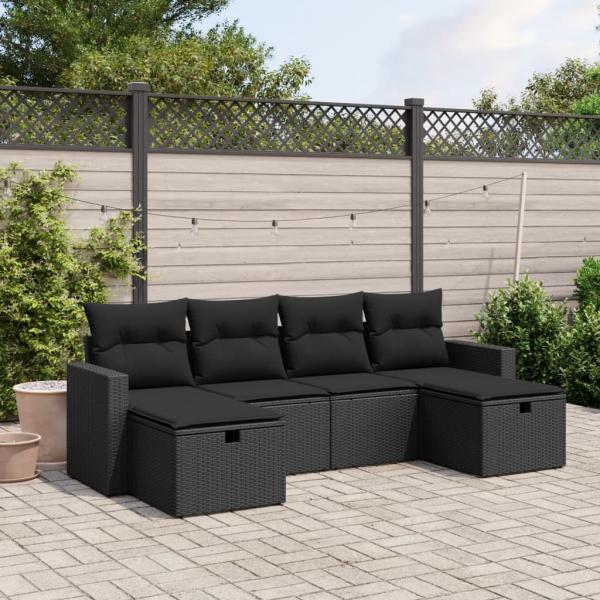 ARDEBO.de - 6-tlg. Garten-Sofagarnitur mit Kissen Schwarz Poly Rattan