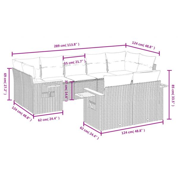 9-tlg. Garten-Sofagarnitur mit Kissen Schwarz Poly Rattan