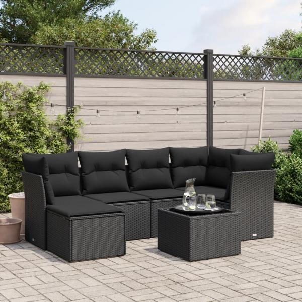 ARDEBO.de - 7-tlg. Garten-Sofagarnitur mit Kissen Schwarz Poly Rattan