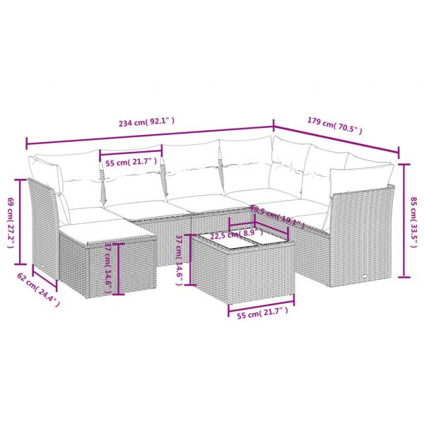 8-tlg. Garten-Sofagarnitur mit Kissen Grau Poly Rattan