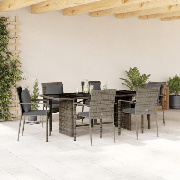 ARDEBO.de - 7-tlg. Garten-Essgruppe mit Kissen Grau Poly Rattan