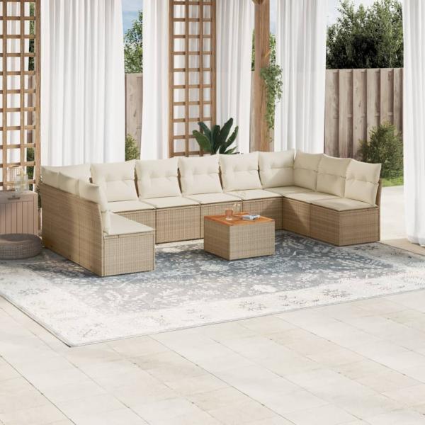 ARDEBO.de - 11-tlg. Garten-Sofagarnitur mit Kissen Beige Poly Rattan