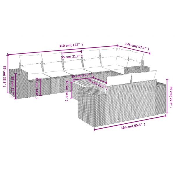 9-tlg. Garten-Sofagarnitur mit Kissen Schwarz Poly Rattan