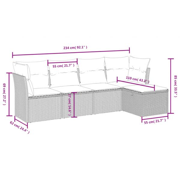 5-tlg. Garten-Sofagarnitur mit Kissen Grau Poly Rattan