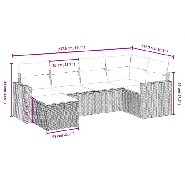 6-tlg. Garten-Sofagarnitur mit Kissen Grau Poly Rattan