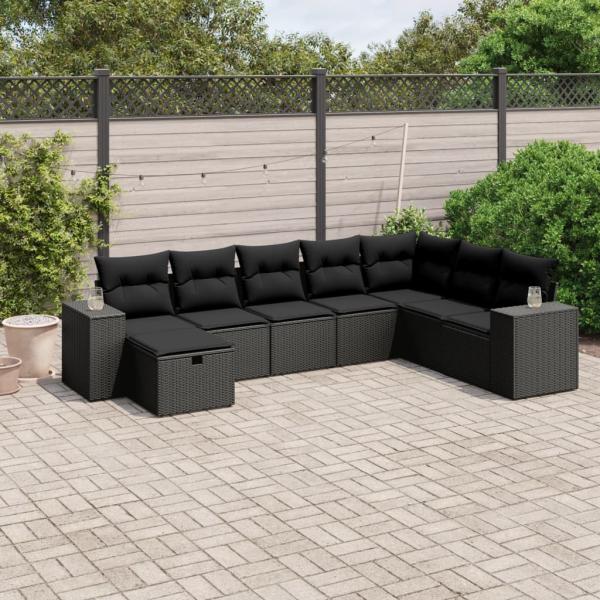 ARDEBO.de - 8-tlg. Garten-Sofagarnitur mit Kissen Schwarz Poly Rattan