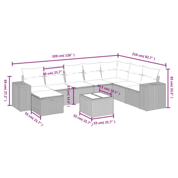 9-tlg. Garten-Sofagarnitur mit Kissen Grau Poly Rattan