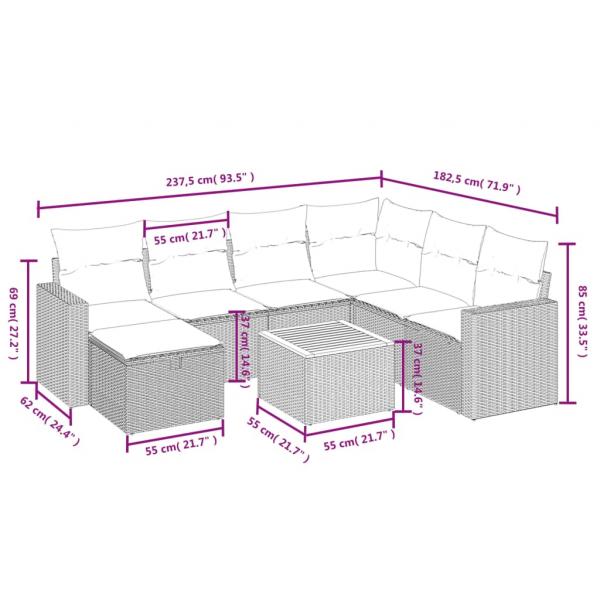 8-tlg. Garten-Sofagarnitur mit Kissen Grau Poly Rattan