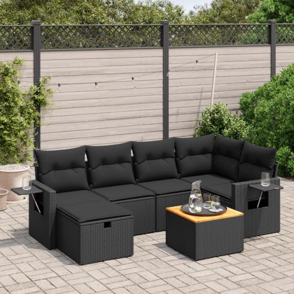 ARDEBO.de - 7-tlg. Garten-Sofagarnitur mit Kissen Schwarz Poly Rattan