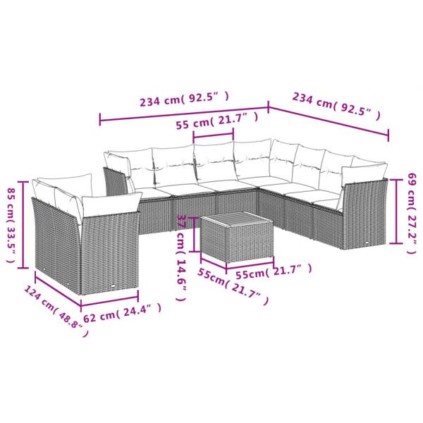 11-tlg. Garten-Sofagarnitur mit Kissen Beige Poly Rattan