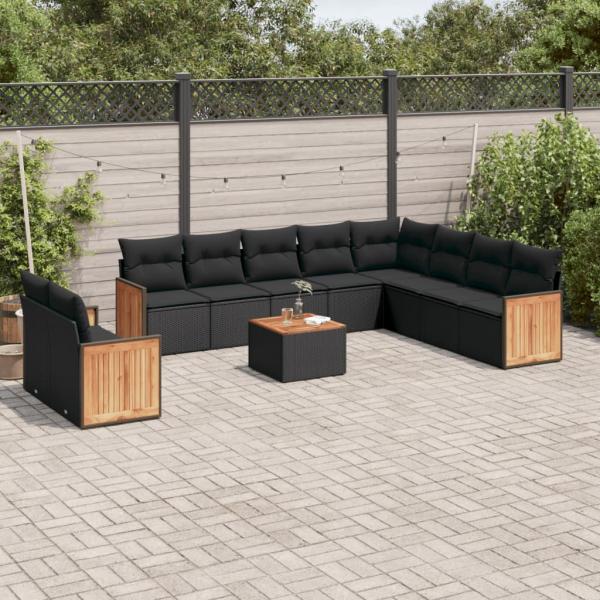 ARDEBO.de - 11-tlg. Garten-Sofagarnitur mit Kissen Schwarz Poly Rattan