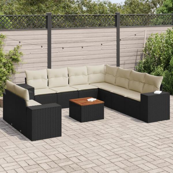 ARDEBO.de - 10-tlg. Garten-Sofagarnitur mit Kissen Schwarz Poly Rattan