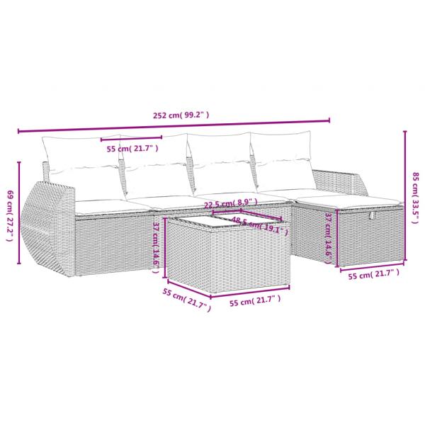 6-tlg. Garten-Sofagarnitur mit Kissen Grau Poly Rattan